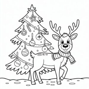 Rendier met sjaal voor kerstboom kleurplaat