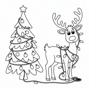 Rendier vast in kerstverlichting kleurplaat