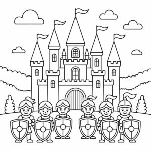 Ridders met schilden voor kasteel kleurplaat