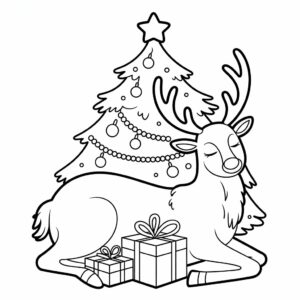 Rustige rendier onder kerstboom kleurplaat