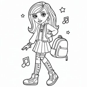 Niña escolar con música y mochila – página para colorear