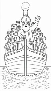 Sinterklaasin laiva täynnä lahjoja – värityssivu lapsille