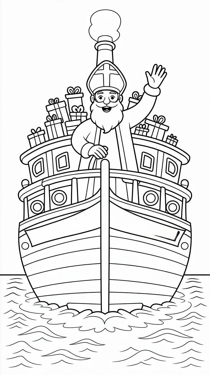 Sinterklaas boot vol cadeautjes kleurplaat