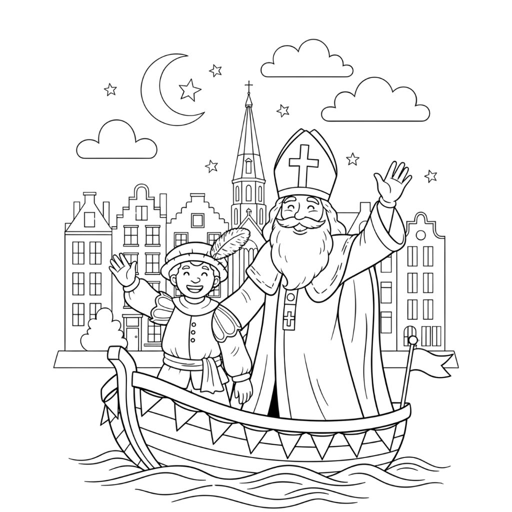 Sinterklaas en Piet varen door de stad