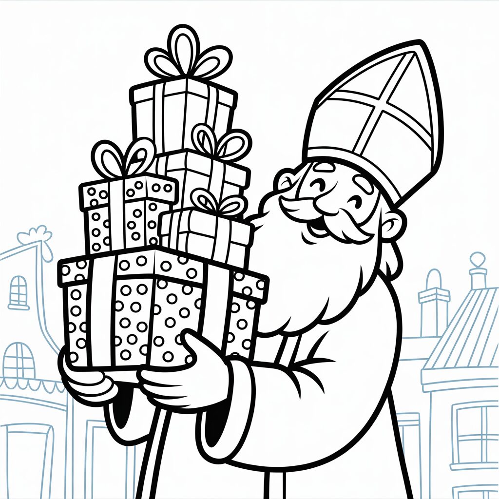 Sinterklaas met cadeaudozen kleurplaat