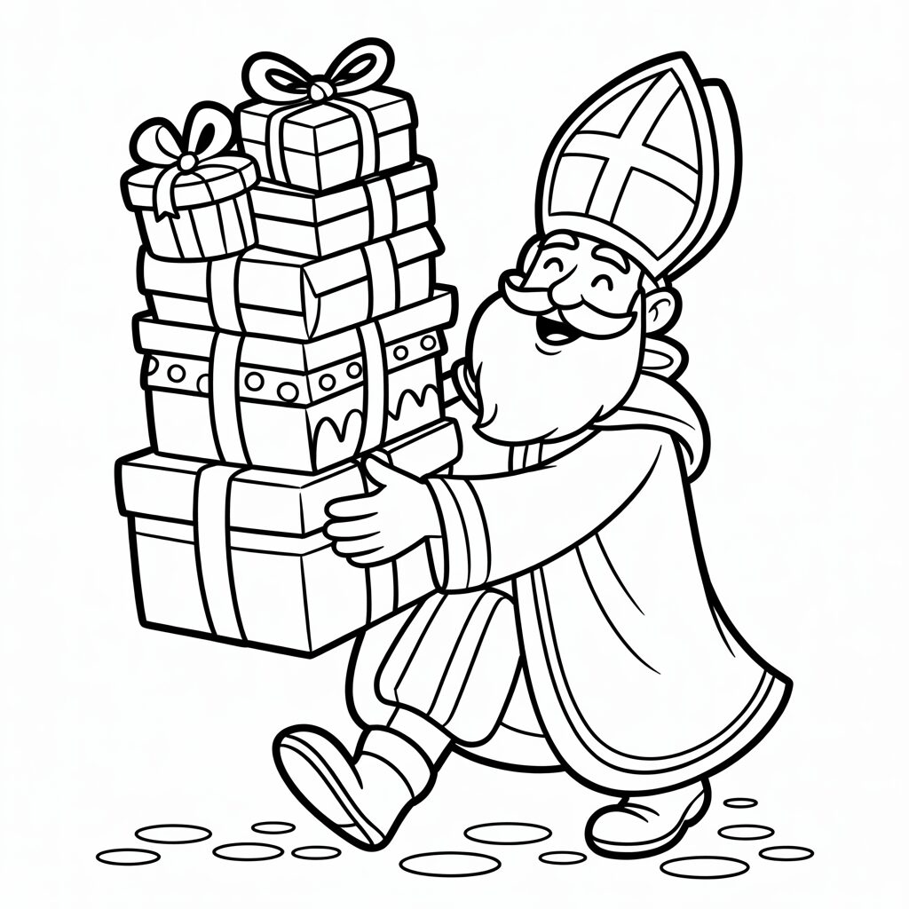 Sinterklaas met cadeaudozen kleurplaten