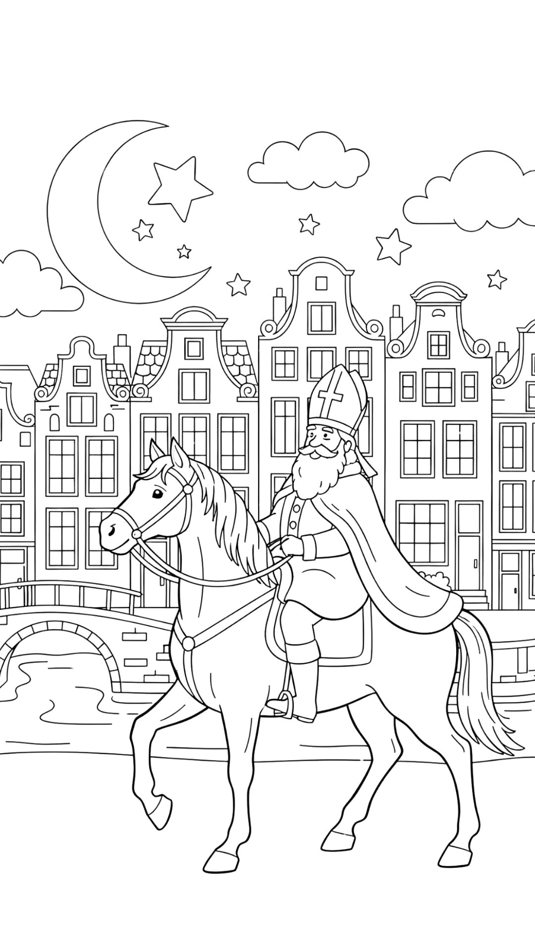 Sinterklaas ratsastaa yöllisessä kaupungissa