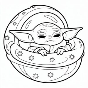 Slapende Baby Yoda in zijn wieg kleurplaat
