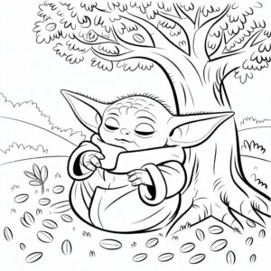 Slapende Baby Yoda onder een boom kleurplaat