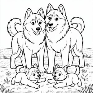 Spelende husky familie in het veld kleurplaat