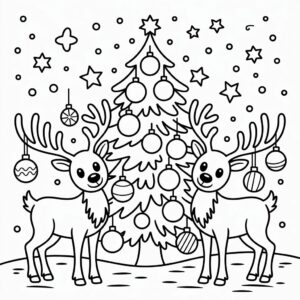 Twee rendieren en versierde kerstboom kleurplaat