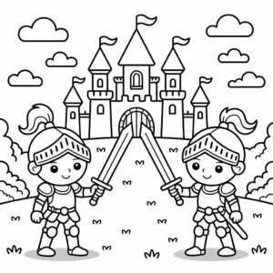 Twee ridders vechten bij kasteel kleurplaat