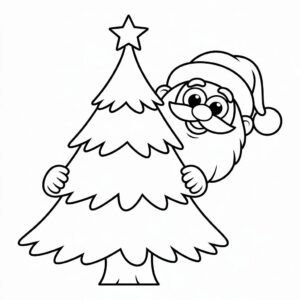 Verstopte kerstman achter boom kleurplaat
