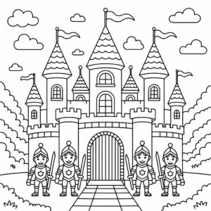 Vier ridders voor groot kasteel kleurplaat