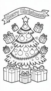 Vliegende cadeautjes rond kerstboom kleurplaat