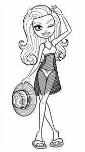 Página para colorear de una niña que guiña un ojo con sombrero de playa