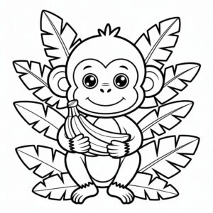Affe mit Bananen im Urwald – Ausmalbild kostenlos verfügbar