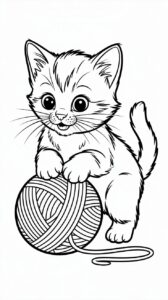 Coloriage Chat jouant avec une pelote de laine gratuit