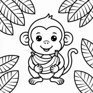 Free Printable Affe mit Bananen und Palmenblättern