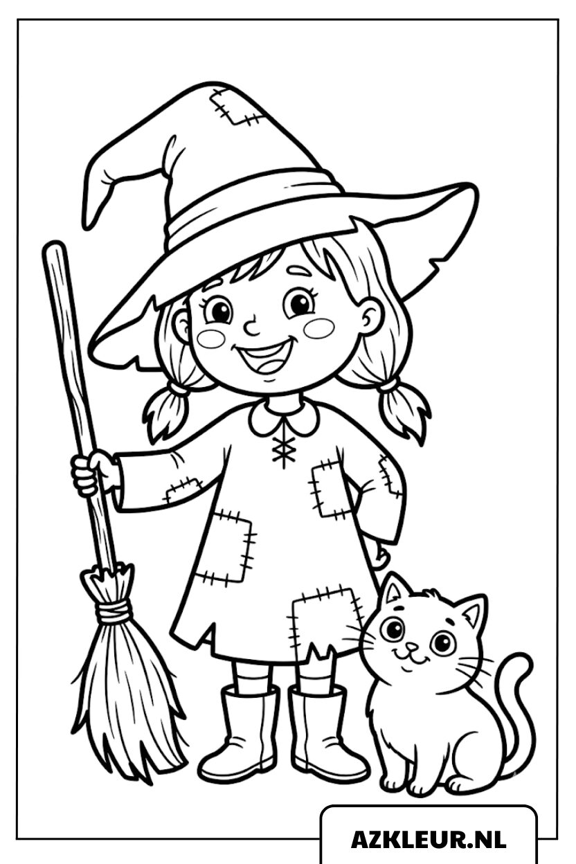 Brujita con escoba y gato - página para colorear.jpg