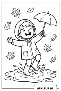 Kind speelt in regen herfst kleurplaat.jpg
