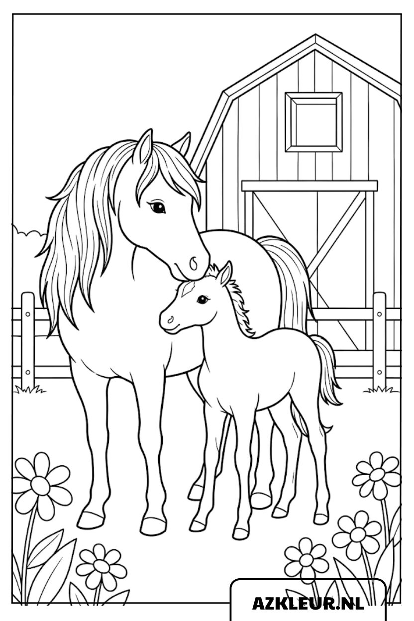 Paard en veulen voor de stal kleurplaat.jpg