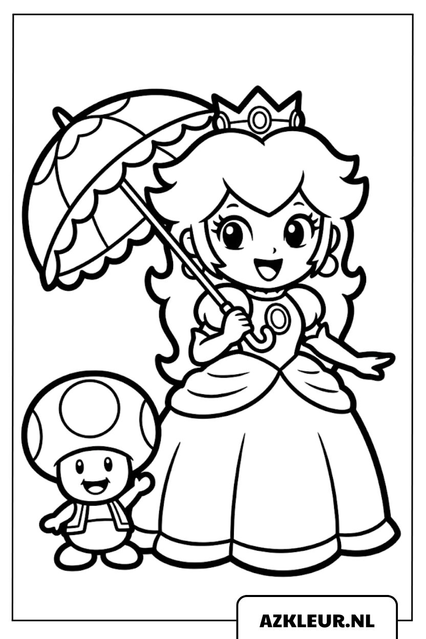 Prinses Peach met parasol en Toad kleurplaat.jpg