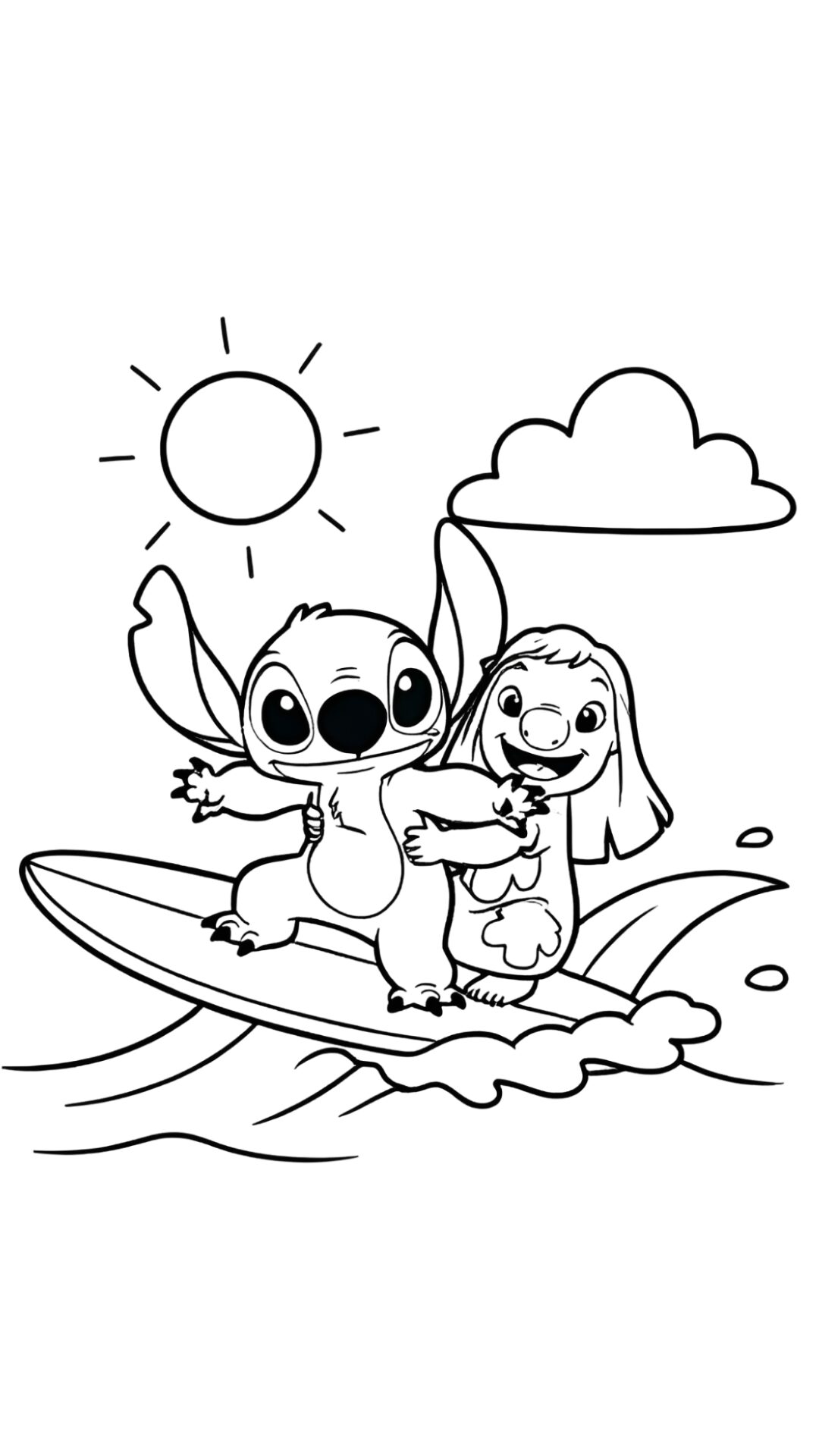 Lilo en Stitch surfen kleurplaat