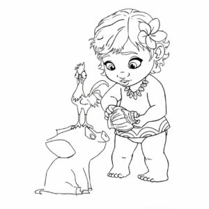 Baby Moana con Pua e Heihei da colorare