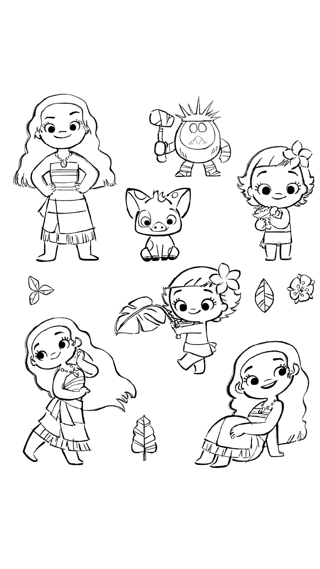 Disegni da colorare dei personaggi di Moana 2 in stile chibi