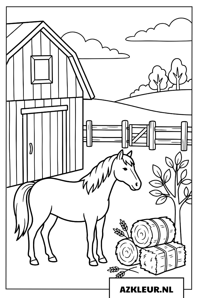 Boerderijpaard bij een Schuur Kleurplaat