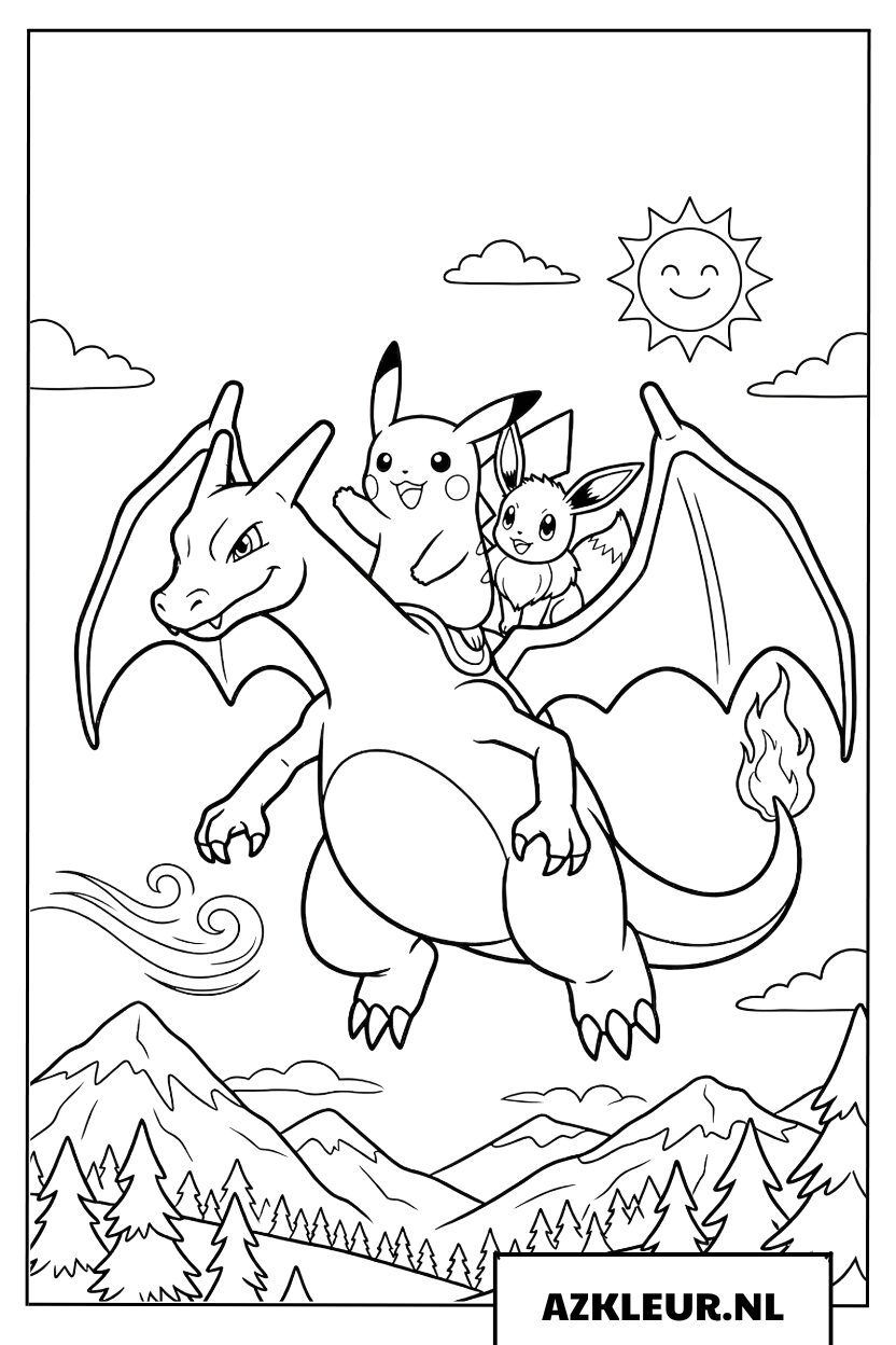 Kleurplaat Avontuurlijke vlucht met Charizard