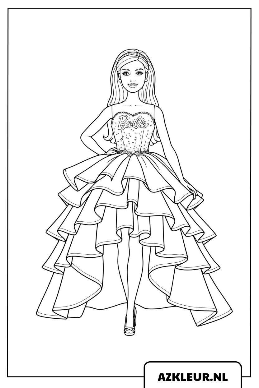 Kleurplaat Barbie prinses in een prachtige galajurk
