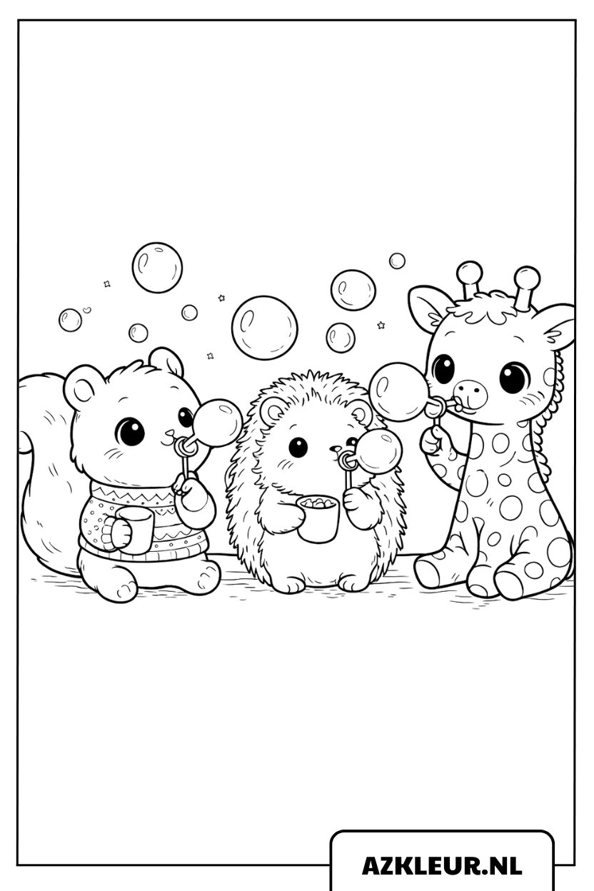 Kleurplaat Beer Egel en Giraf die Bellen Blazen