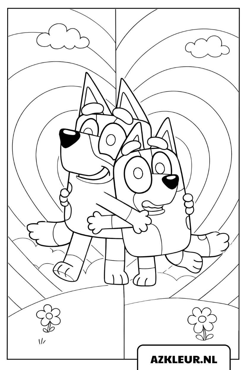 Kleurplaat Bluey en Bingo knuffelen elkaar liefdevol