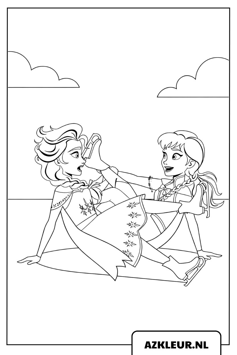 Kleurplaat Frozen met Elsa en Anna die vallen tijdens het schaatsen