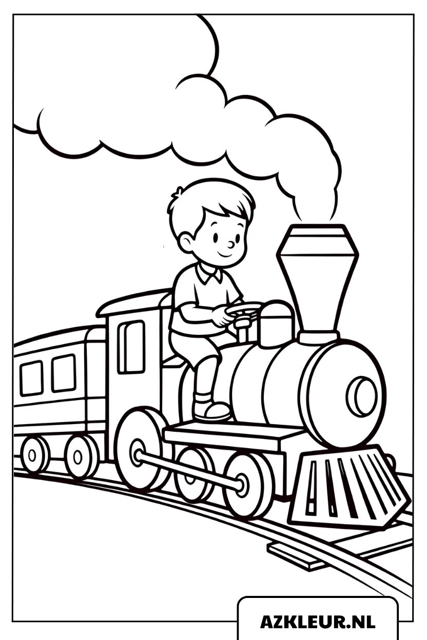 Kleurplaat Jongen die vrolijk een trein bestuurt