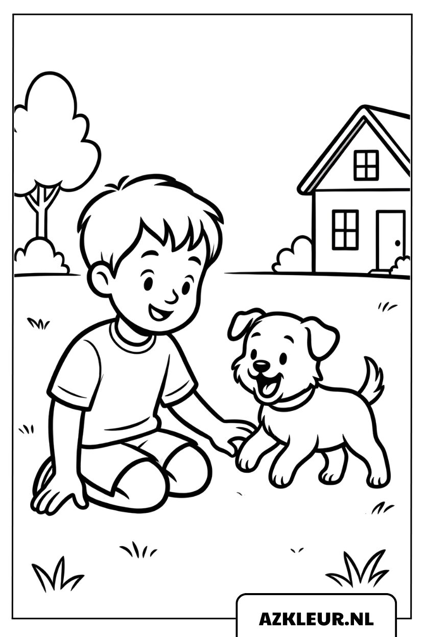 Kleurplaat Jongen speelt met een puppy