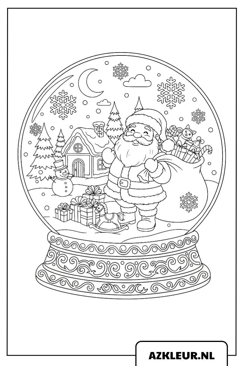 Värityssivu Joulupukista taianomaisessa lumikuplassa