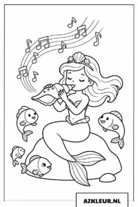 Kleurplaat Kleine zeemeermin die een schelpenmelodie speelt