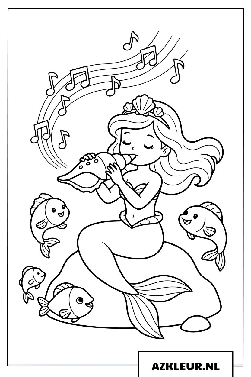 Kleurplaat Kleine zeemeermin die een schelpenmelodie speelt