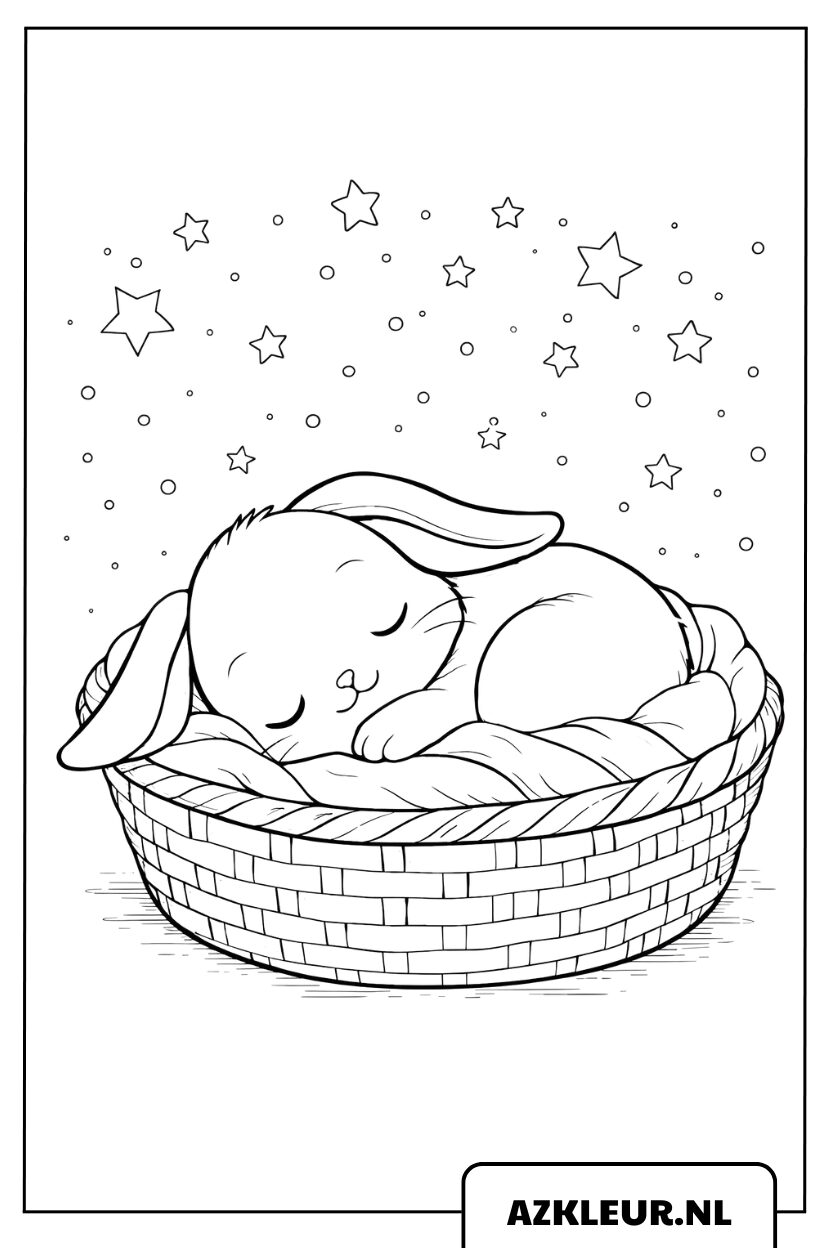 Kleurplaat Konijn Slaapt Zacht in een Mandje