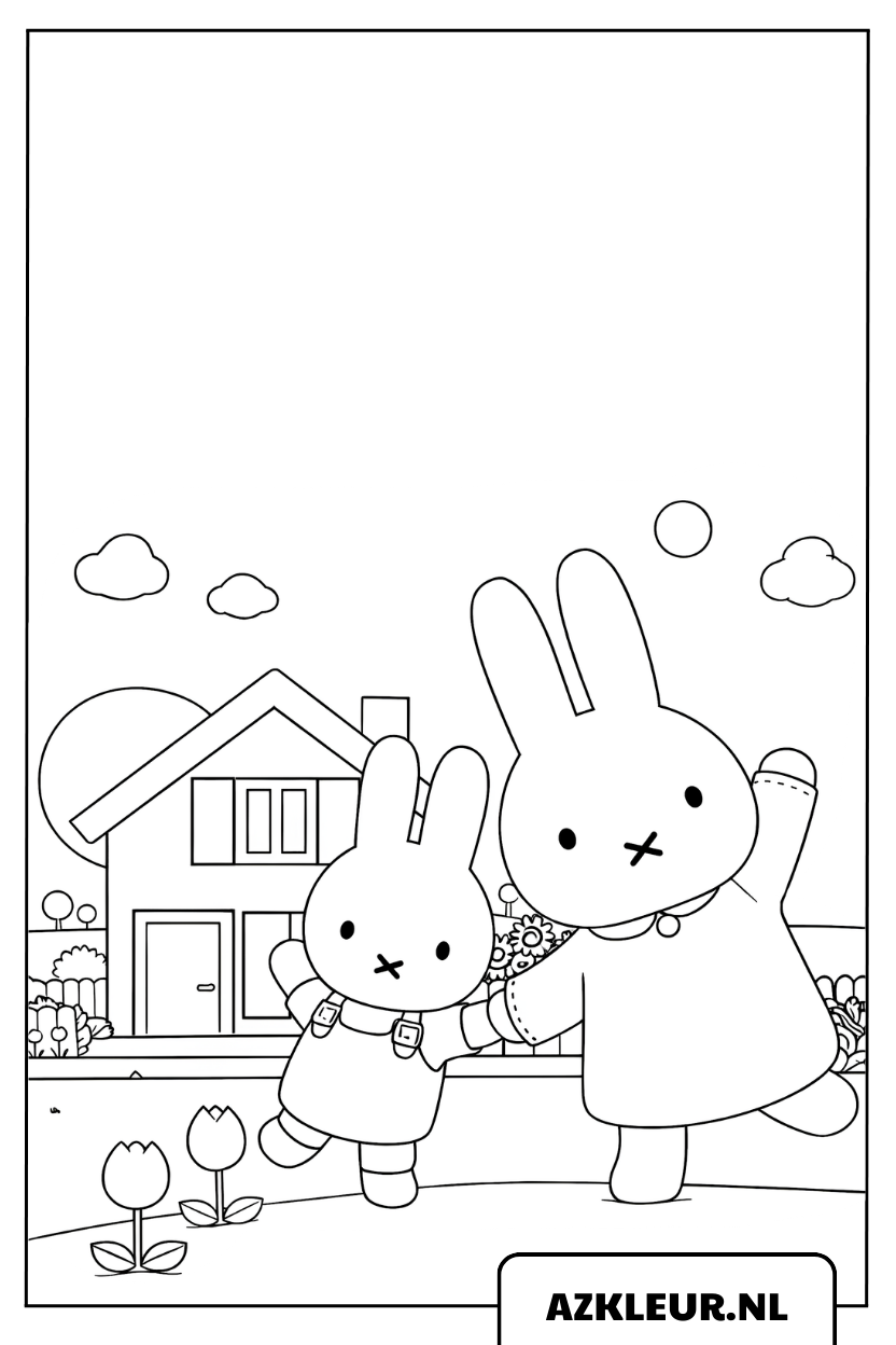 Kleurplaat Miffy speelt met een vriendje voor het huis