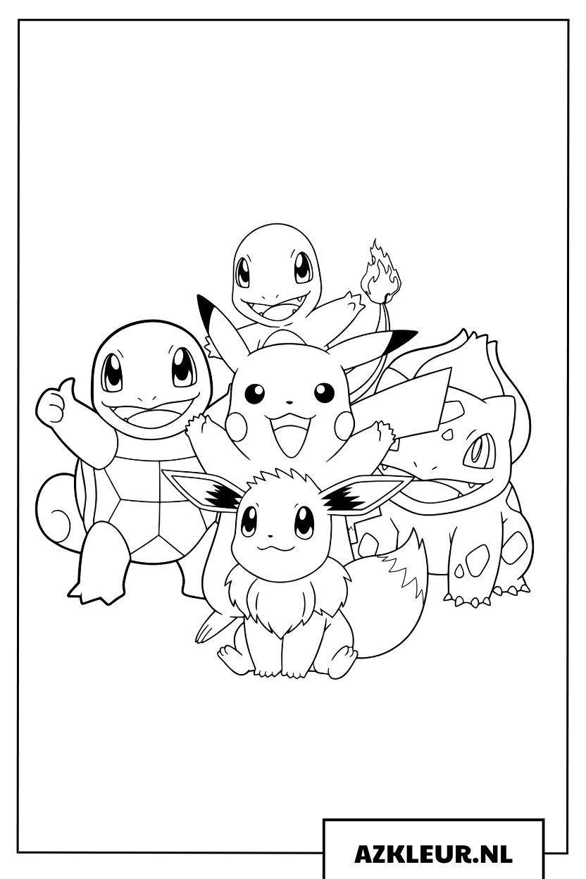 Kleurplaat Pikachu en zijn beste vriendjes