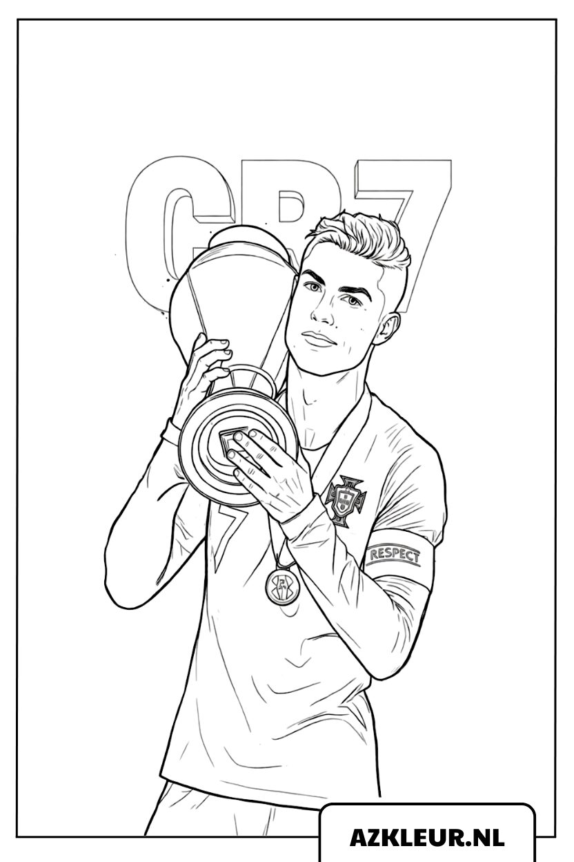 Kleurplaat Ronaldo die een trofee vasthoudt