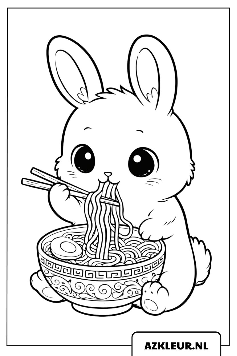 Kleurplaat Schattig Konijntje met Noedels