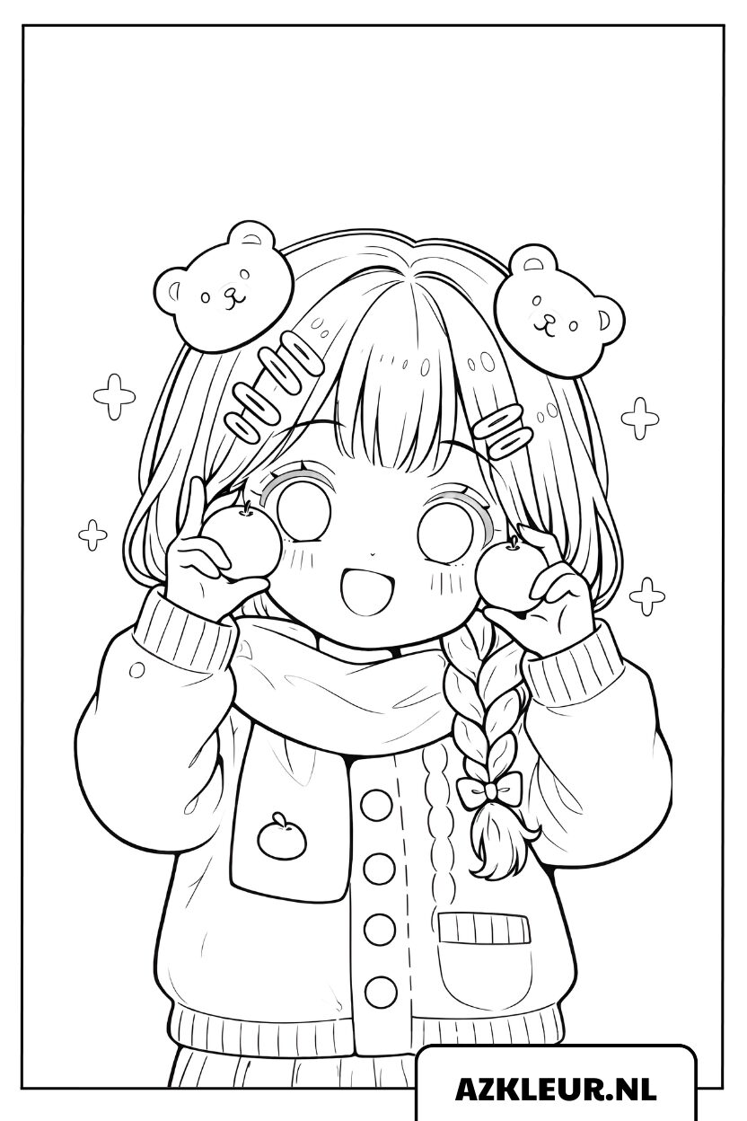 Kleurplaat Schattig chibi-meisje met fruit