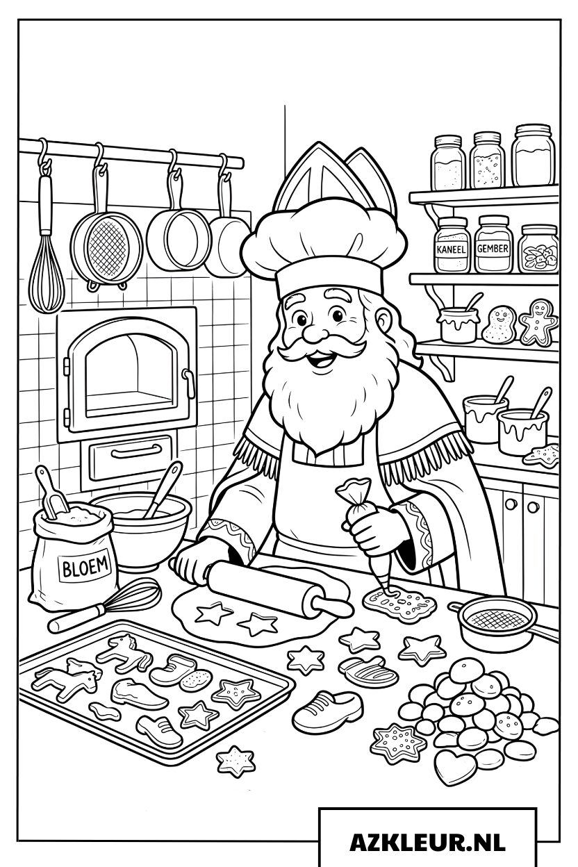 Kleurplaat Sinterklaas die peperkoek bakt in de keuken
