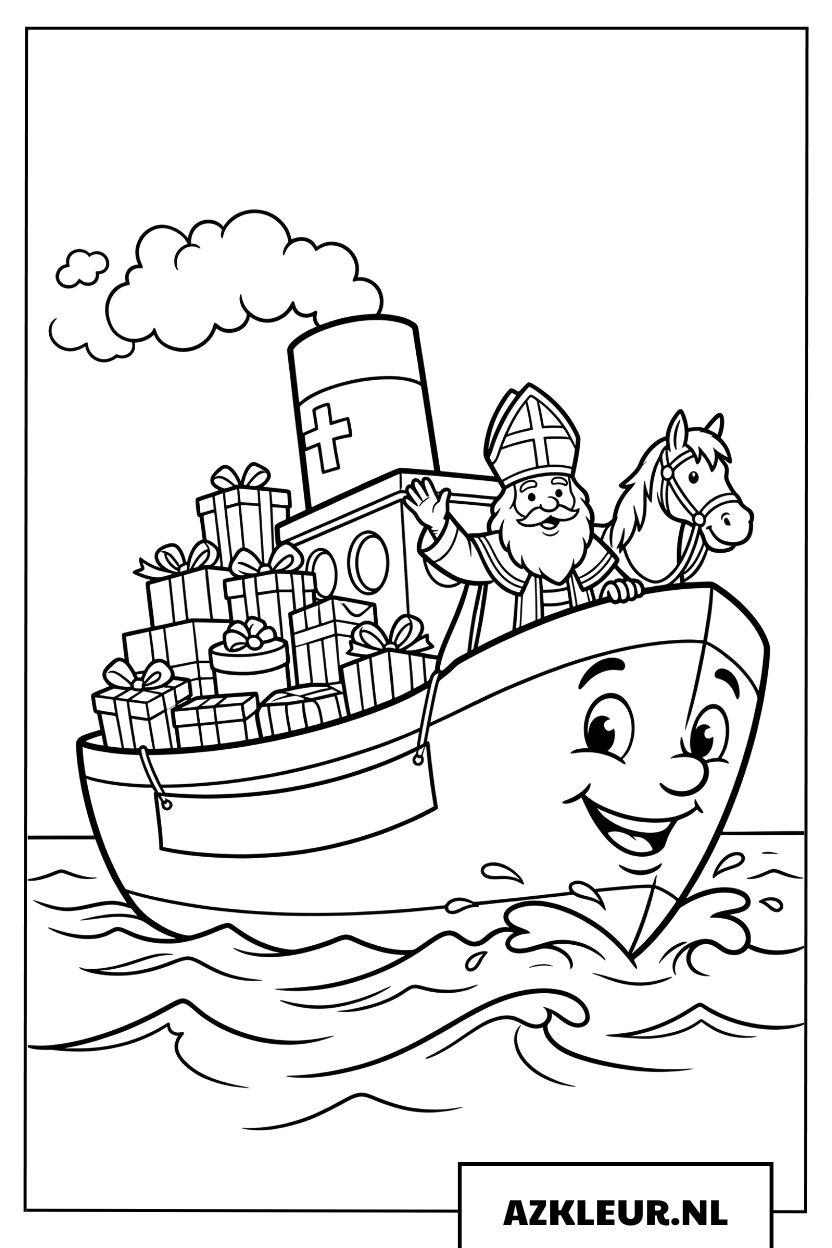 Kleurplaat Sinterklaas op een schip vol cadeaus
