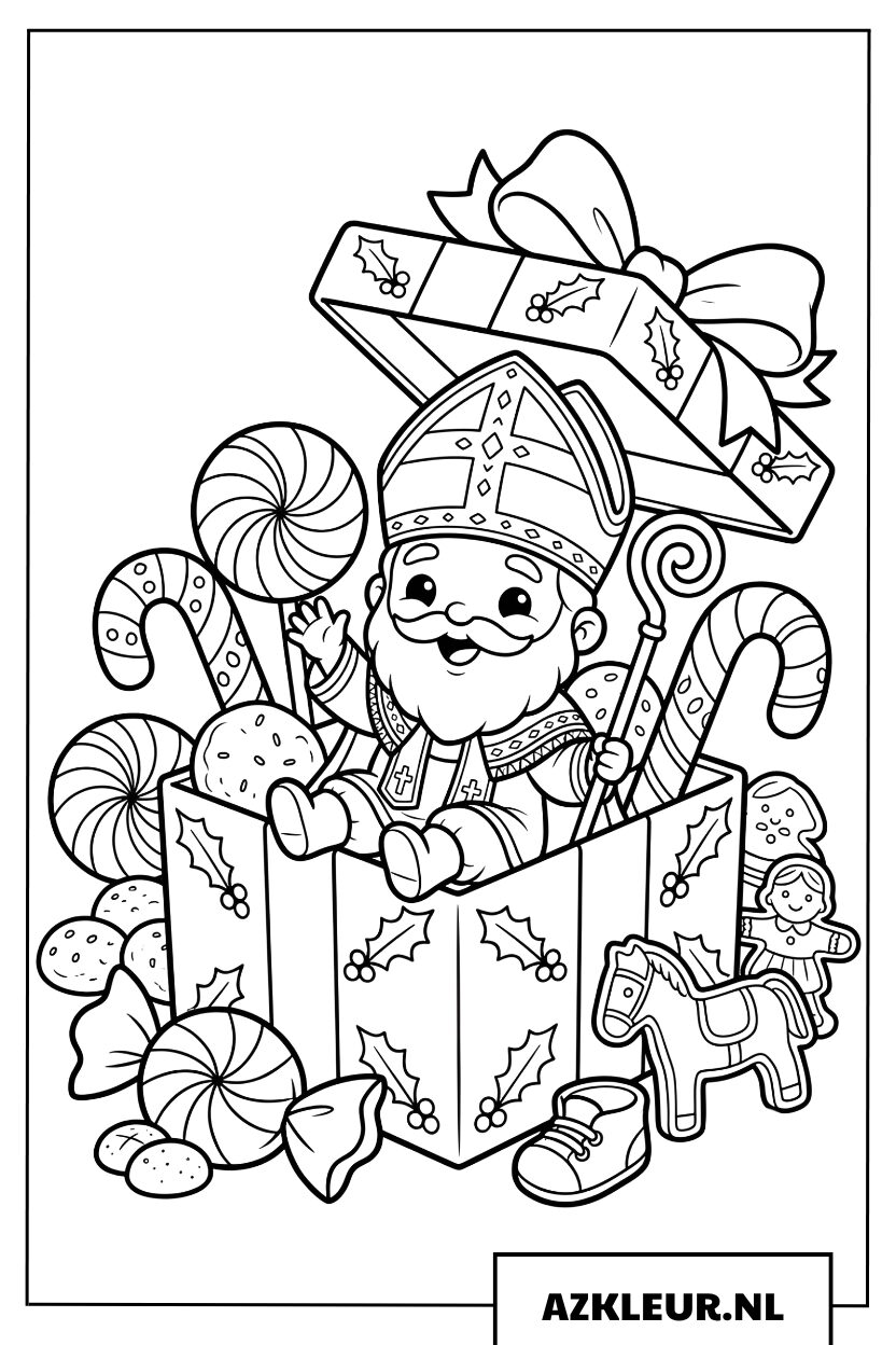 Kleurplaat Sinterklaas zittend in een cadeau doos met snoep